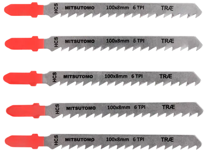 Sæt med fem stiksavklinger, 100x8mm, 6 TPI, mærket til træ (TRÆ), røde skafter og skarpe tænder. Mærke: Mitsutomo.