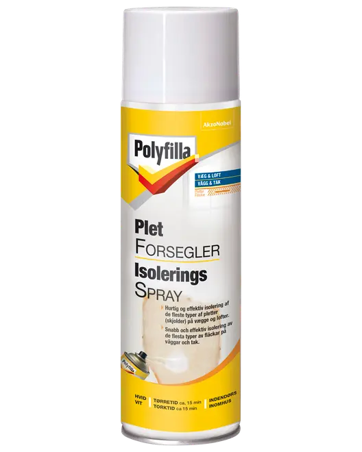 Polyfilla Plet Forsegler Isoleringsspray, 500ml spraydåse, til hurtig og effektiv isolering af pletter på vægge og lofter. Til indendørs brug, tørrer hvid på ca. 15 minutter.