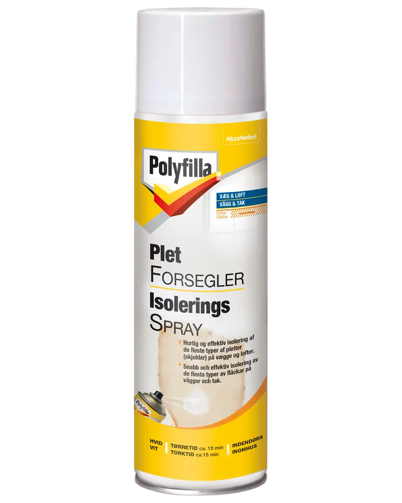 Polyfilla Plet Forsegler Isoleringsspray, 500ml spraydåse, til hurtig og effektiv isolering af pletter på vægge og lofter. Til indendørs brug, tørrer hvid på ca. 15 minutter.