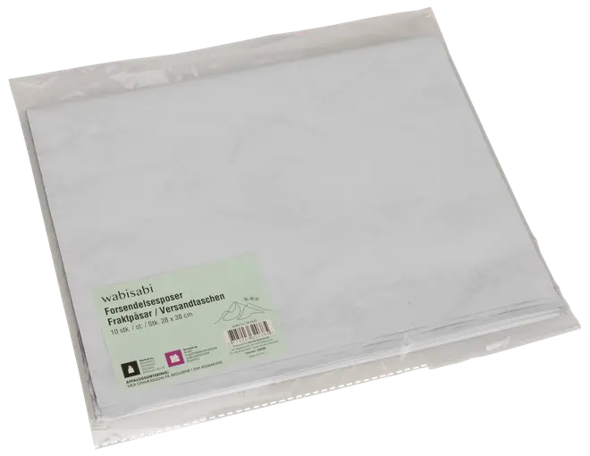 Förpackning med 10 vita fraktpåsar, storlek 28 x 36 cm, rektangulära med självhäftande förslutning. Passar för dokument eller småsaker.