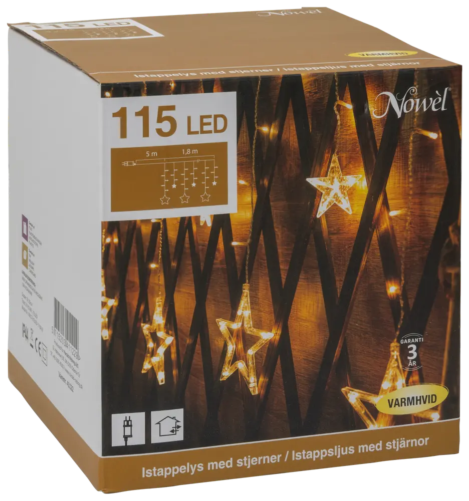 Ljusslinga med 115 varmvita LED-lampor och hängande stjärnprydnader, passar för inomhus- och utomhusbruk, 5 meter lång, perfekt för festlig dekoration.