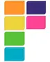 Sæt med seks rektangulære klistermærker i orange, lilla, gul, pink, grøn og blå. Hver seddel har afrundede hjørner og hvid kant, perfekt til organisering.
