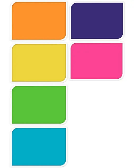 Sæt med seks rektangulære klistermærker i orange, lilla, gul, pink, grøn og blå. Hver seddel har afrundede hjørner og hvid kant, perfekt til organisering.