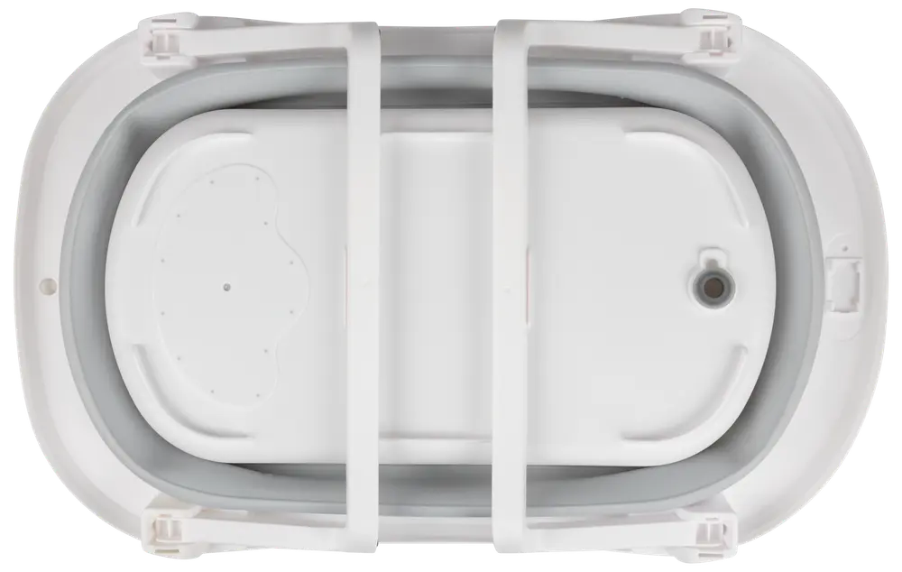 Hopfällbart vitt babybadkar med oval form, integrerad avtappningsplugg och stadiga stödben. Kompakt design för enkel förvaring, passar spädbarn och småbarn.