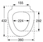 Dimensioneret tegning af et ovalt toiletsæde med mål 432 x 360 mm, 155 mm topbredde og 224 mm indvendig åbning.