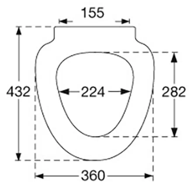 Dimensioneret tegning af et ovalt toiletsæde med mål 432 x 360 mm, 155 mm topbredde og 224 mm indvendig åbning.