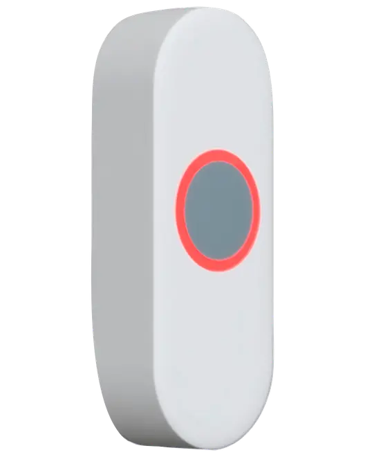 Vit, rundad rektangulär smart dörrklocka eller knapp med grå sidor och en central rund knapp med röd ring.