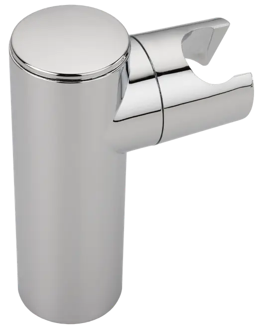 Krombelagt bruseholder med cylindrisk base og vinklet åbning til håndbruser. Moderne, glat finish, designet til vægmontering på badeværelset.