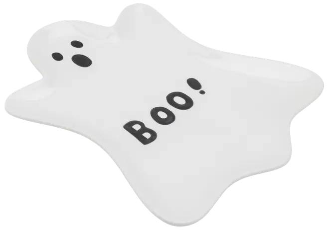 Vit keramikfat formad som ett spöke, med svarta ögon, mun och texten "BOO!". Perfekt för Halloween-snacks eller dekoration.