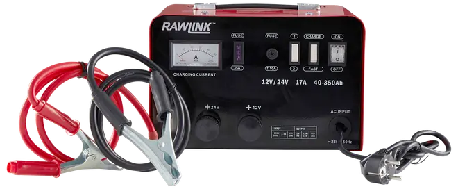 RAWLINK batterioplader med analog ampermeter, kontrolknapper, indikatorlys, strømkabel og tilsluttede røde og sorte startkabler med klemmer. Til 12V/24V batterier, 40-350Ah kapacitet.