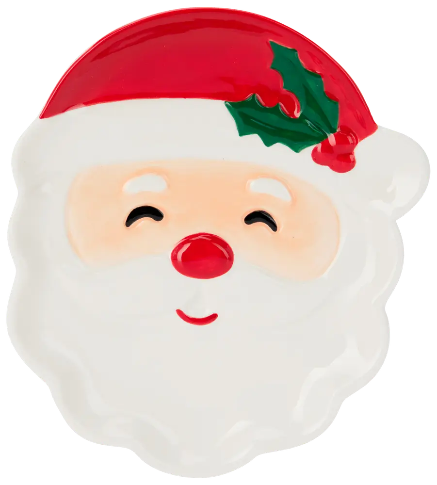 Keramiktallrik formad som jultomtens ansikte med röd mössa, järnek, rosiga kinder och leende. Festlig design, perfekt för servering eller dekoration vid jul.