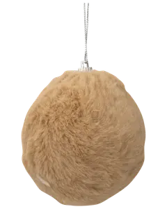 Rund julgransprydnad täckt av mjuk, ljusbrun fuskpäls med silverfärgad hängögla. Ger en mysig, texturerad känsla. Lätt och mjuk att hänga upp.