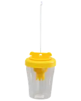 Gennemsigtig plast hvepsefælde med gult skruelåg og ophængskrog. Har indvendigt lokkekammer til at tiltrække og fange hvepse. Velegnet til udendørs brug.