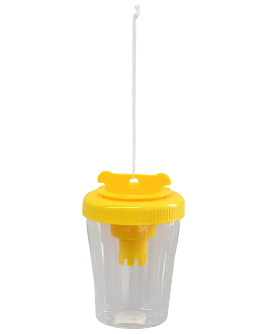 Gennemsigtig plast hvepsefælde med gult skruelåg og ophængskrog. Har indvendigt lokkekammer til at tiltrække og fange hvepse. Velegnet til udendørs brug.