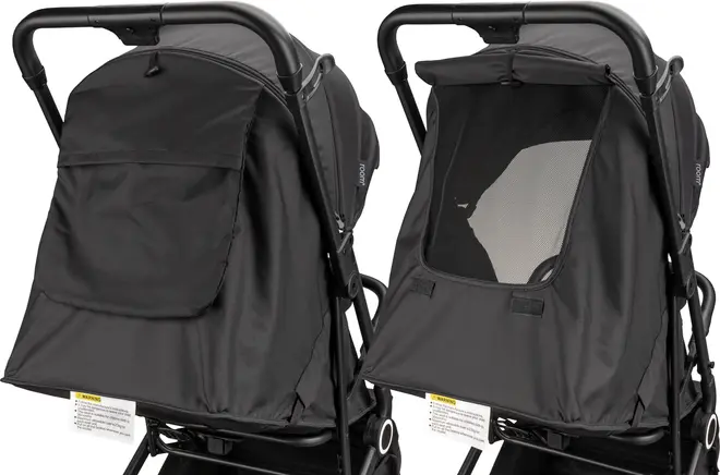 Sort klapvogn med justerbar kaleche, bageste netvindue for ventilation og stor opbevaringslomme. Vises med kaleche lukket og åben for luftgennemstrømning.