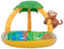 Oppustelig babypool med palmetræ-tag, farverigt tropisk mønster og fastgjort abefigur. Lavet af slidstærk plastik, egnet til små børn, giver skygge og sjovt design.