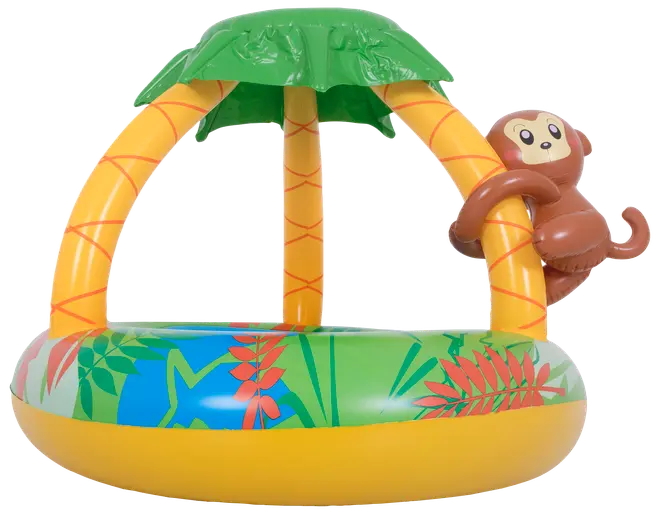 Oppustelig babypool med palmetræ-tag, farverigt tropisk mønster og fastgjort abefigur. Lavet af slidstærk plastik, egnet til små børn, giver skygge og sjovt design.