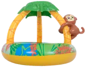 Oppustelig babypool med palmetræ-tag, farverigt tropisk mønster og fastgjort abefigur. Lavet af slidstærk plastik, egnet til små børn, giver skygge og sjovt design.