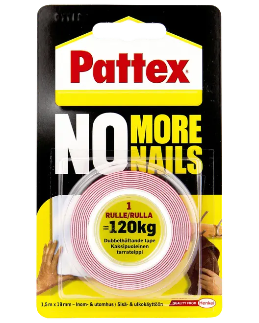 Pattex No More Nails dobbeltklæbende tape, 1,5m x 19mm rulle, holder op til 120kg, egnet til indendørs og udendørs brug, erstatter søm til montering.
