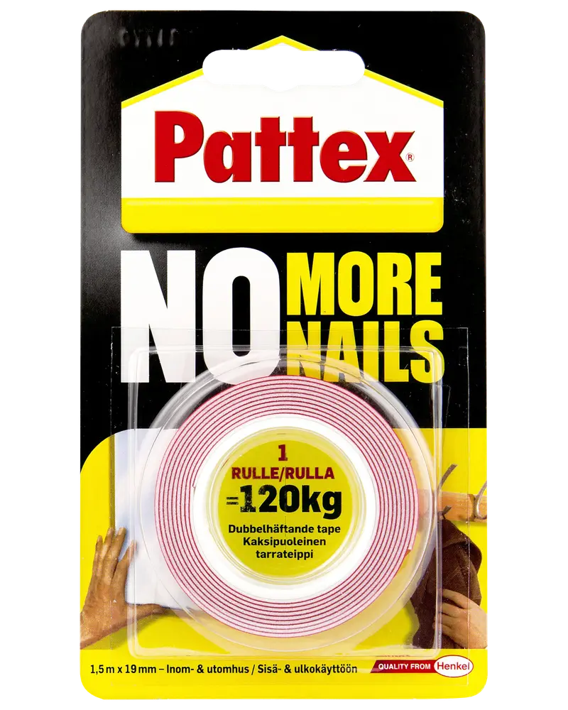 Pattex No More Nails dobbeltklæbende tape, 1,5m x 19mm rulle, holder op til 120kg, egnet til indendørs og udendørs brug, erstatter søm til montering.
