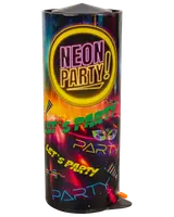 Cylindrisk fyrværkeri med teksten 'Neon Party!' og farverige neonmotiver, festmasker og tekst. Har en lunte i bunden. Perfekt til festlige lejligheder.