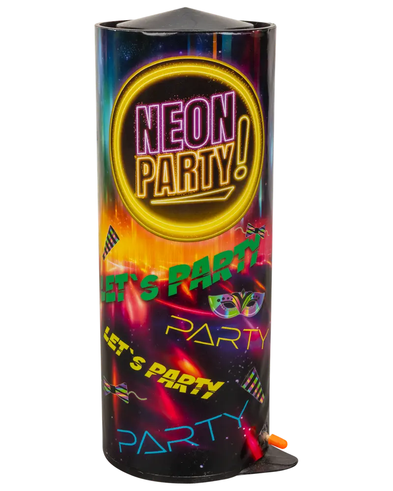 Cylindrisk fyrværkeri med teksten 'Neon Party!' og farverige neonmotiver, festmasker og tekst. Har en lunte i bunden. Perfekt til festlige lejligheder.