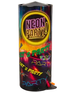 Cylindrisk fyrværkeri med teksten 'Neon Party!' og farverige neonmotiver, festmasker og tekst. Har en lunte i bunden. Perfekt til festlige lejligheder.
