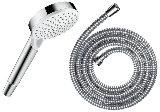 Handhållen duschmunstycke i krom med flera spraymunstycken, med flexibel slang i rostfritt stål. Modern design, enkel att installera och använda.