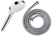 Handhållen duschmunstycke i krom med flera spraymunstycken, med flexibel slang i rostfritt stål. Modern design, enkel att installera och använda.
