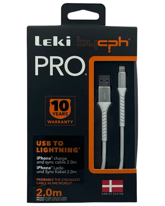 Leki bycph PRO USB til Lightning kabel, 2 meter, hvid, til iPhone opladning og synkronisering. Holdbart design, 10 års garanti, dansk design, synlige USB-A og Lightning stik.