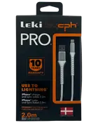 Leki bycph PRO USB til Lightning kabel, 2 meter, hvid, til iPhone opladning og synkronisering. Holdbart design, 10 års garanti, dansk design, synlige USB-A og Lightning stik.