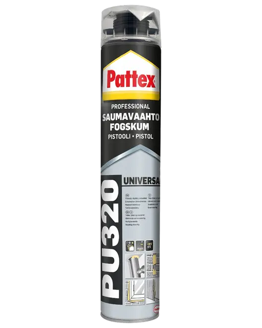 Pattex PU320 Universal professionel fugeskum til pistol, velegnet til tætning og isolering af samlinger, vinduer og døre. Sort og sølv emballage, 750 ml.