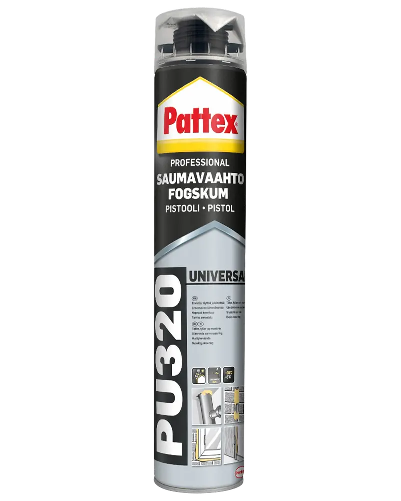 Pattex PU320 Universal professionel fugeskum til pistol, velegnet til tætning og isolering af samlinger, vinduer og døre. Sort og sølv emballage, 750 ml.
