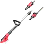 Ledningsfri stanghækkeklipper med rødt og sort håndtag, teleskopskaft i aluminium og udskiftelige skærehoveder til trimning og beskæring af høje hække og grene.