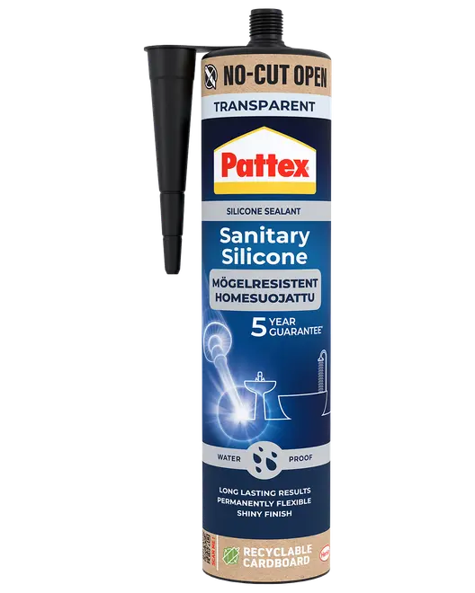 Pattex sanitets silikoneforsegling, transparent, mugresistent, 5 års garanti, vandtæt, langtidsholdbar, permanent fleksibel, blank finish, genanvendelig paprør, inkluderer dyse, no-cut åbning.