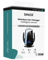 Sinox trådlös billaddare med intelligent sensor, stöd för QC och Qi-teknik, 15W snabbladdning, svart, passar för montering i fordon, snabb laddningsfunktion.