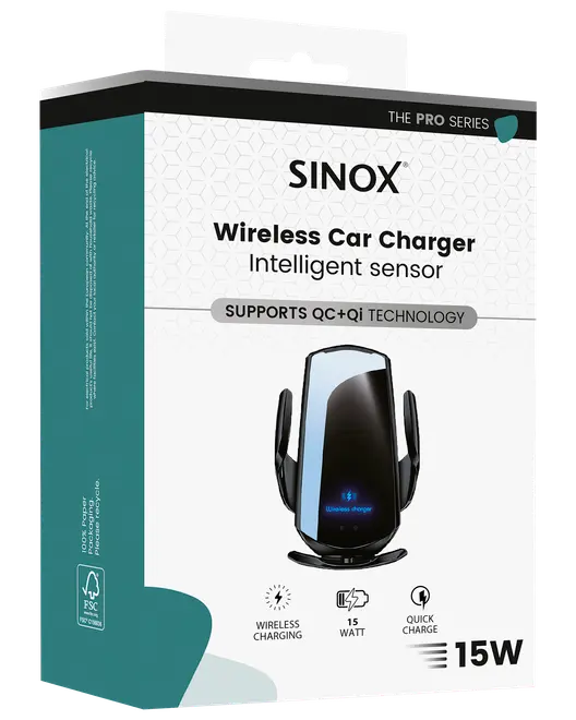 Sinox trådlös billaddare med intelligent sensor, stöd för QC och Qi-teknik, 15W snabbladdning, svart, passar för montering i fordon, snabb laddningsfunktion.