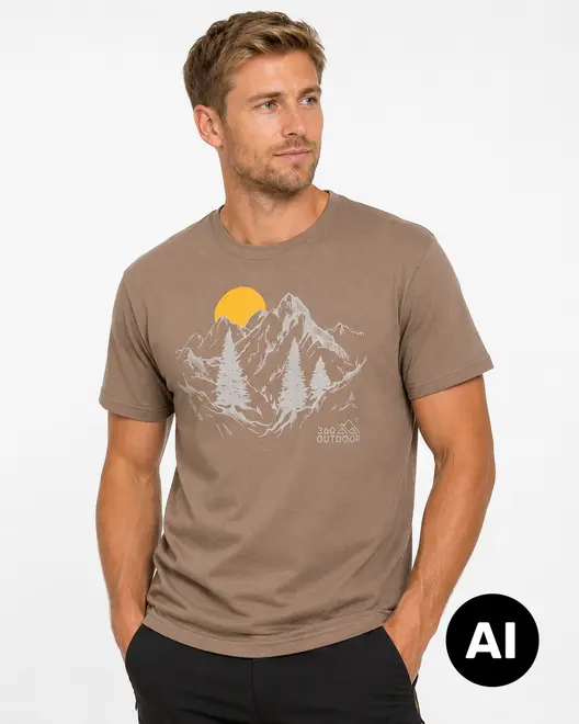 Taupe T-shirt med korte ærmer, bjerg- og solopgangsprint samt lille 360 Outdoor-logo på brystet. - Billedet er skabt med AI