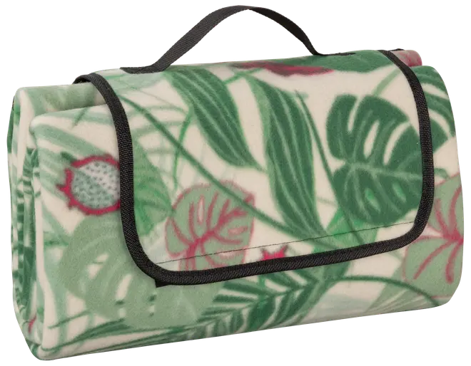 Sammenfoldeligt fleece-picnictæppe med grønne og røde tropiske blade, sort kant og bærehåndtag. Kompakt og let at transportere til udendørs brug.