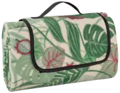 Sammenfoldeligt fleece-picnictæppe med grønne og røde tropiske blade, sort kant og bærehåndtag. Kompakt og let at transportere til udendørs brug.