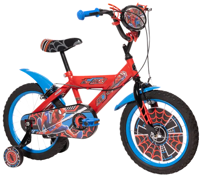 Barncykel i rött och blått med Spider-Man-tema, stödhjul, hjulskydd med nätmönster, vadderad sadel, styrlampa och Spiderman-grafik på ram och kedjeskydd.