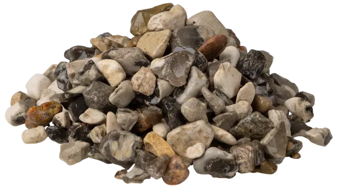 En bun små, glatte dekorative sten i grå, hvide, brune og sorte nuancer. Velegnet til havebrug, akvarier eller hobbyprojekter. Stenene er ujævnt formede og polerede.