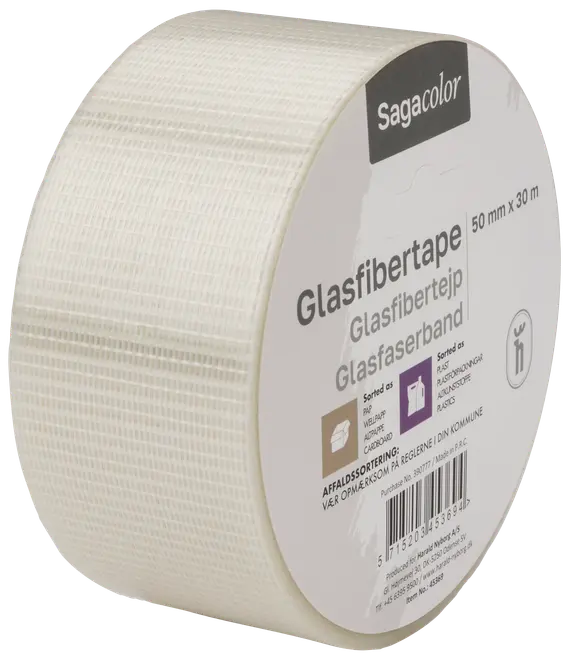 Rulle med vitt glasfibertejp, 50 mm brett och 30 meter långt, med rutnätsstruktur. För förstärkning och reparation. Märkt med Sagacolor och produktinformation.