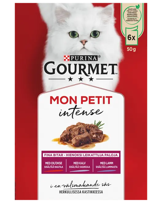 Purina Gourmet Mon Petit Intense kattmat, 6-pack med 50g påsar, fina bitar av nöt, kalv och lamm i smakrik sås. Passar vuxna katter.