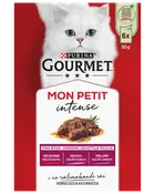 Purina Gourmet Mon Petit Intense kattmat, 6-pack med 50g påsar, fina bitar av nöt, kalv och lamm i smakrik sås. Passar vuxna katter.