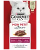 Purina Gourmet Mon Petit Intense kattmat, 6-pack med 50g påsar, blandade smaker (kalkon, kyckling, anka), fina bitar i sås, röd förpackning med vit katt.