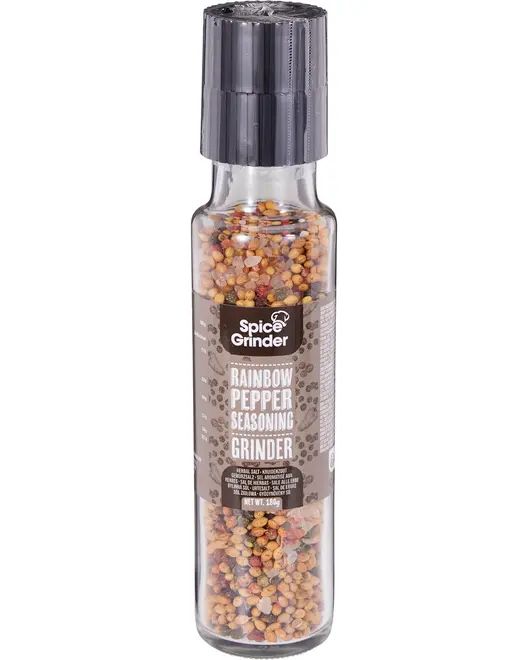 Klar glasflaske med sort kværnlåg, fyldt med flerfarvede hele peberkorn. Mærket 'Rainbow Pepper Seasoning Grinder'. Perfekt til friskkværnet peber til madlavning.