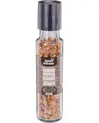 Klar glasflaske med sort kværnlåg, fyldt med flerfarvede hele peberkorn. Mærket 'Rainbow Pepper Seasoning Grinder'. Perfekt til friskkværnet peber til madlavning.
