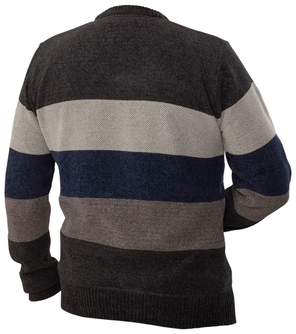 Herresweater med brede, vandrette striber i mørkegrå, lysegrå, marineblå og brun. Lange ærmer, ribkanter ved ærmer og bund, blødt strikstof, afslappet pasform, set bagfra.