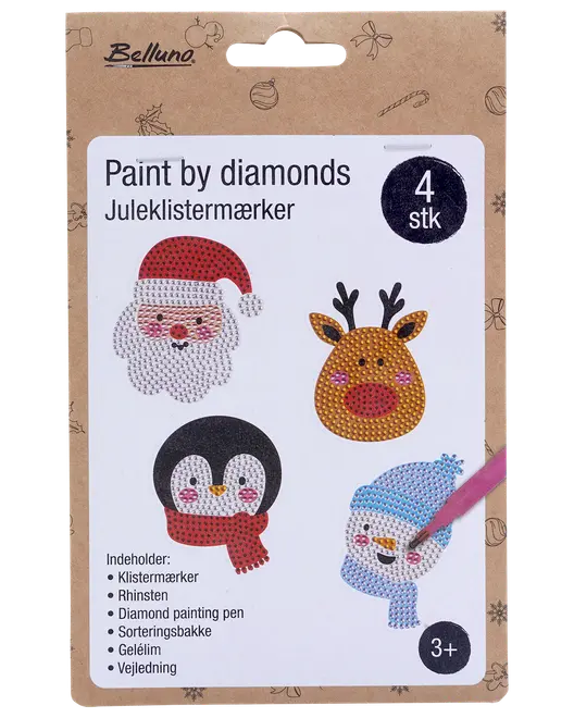 Diamantmålning klistermärkeset med jultema: tomte, ren, pingvin och snögubbe. Innehåller strasstenar, penna, sorteringsbricka, lim och instruktioner. Från 3 år.